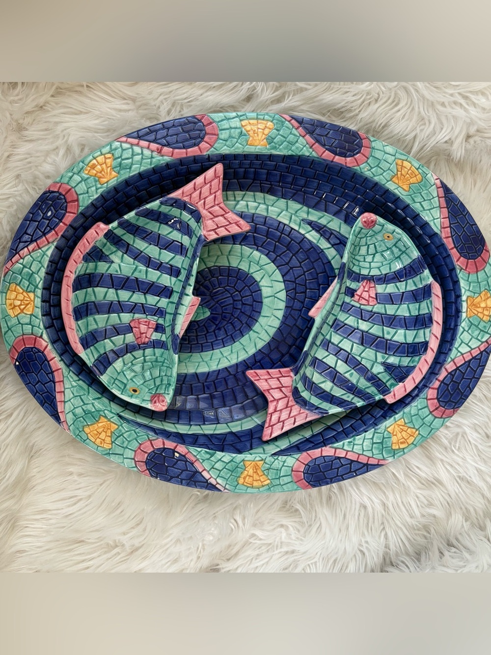 Vintage Ceramic Fish Mosaic Serving Platter Set - Chip and Dip Set